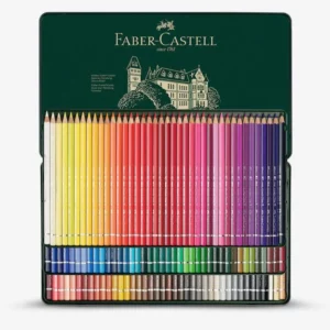 An open Set of 120 Faber Castell Albrecht Durer Water Colour Pencils is seen in the center of the frame. The tin is green and has the Faber Castell logo printed on the inside of the tin lid. The pencils are lined up in the base of the tin. The barrels of the pencils are different colours which denotes the colour of the lead. Each pencil is a different colour. The image is center of the frame and on a white background.