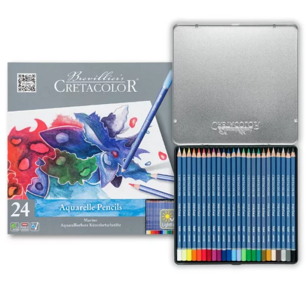 A Set of 24 Cretacolor Marino Aquarelle Pencils is shown in the frame. There is a sealed set standing vertically along the left hand side of the frame, and an open tin shown to the right of that. The sealed set is in a printed cardboard sleeve that has an abstract image that was drawn using the pencils, on the cover. It has the Cretacolor logo printed on it and some text describing the product. The open set is in a silver tin, with a hinged lid that is open. You can see the pencils lined up next to each other in the base of the tin set. Each pencil is a different colour and the colour of the lead is shown in the form of a dipped end of the pencil. The barrels of the pencils are blue and have the Cretacolor logo printed on it. On a white background.