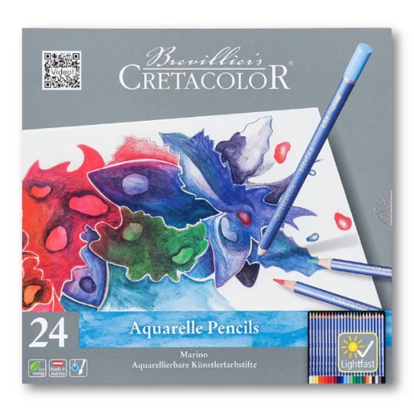 A single Set of 24 Cretacolor Marino Aquarelle Pencils is shown vertically, in the center of the frame. The set is encased in a printed carboard sleeve. There is an abstract drawing on the front cover and the Cretacolor logo is printed at the top of the set. The image is center of the frame and on a white background.