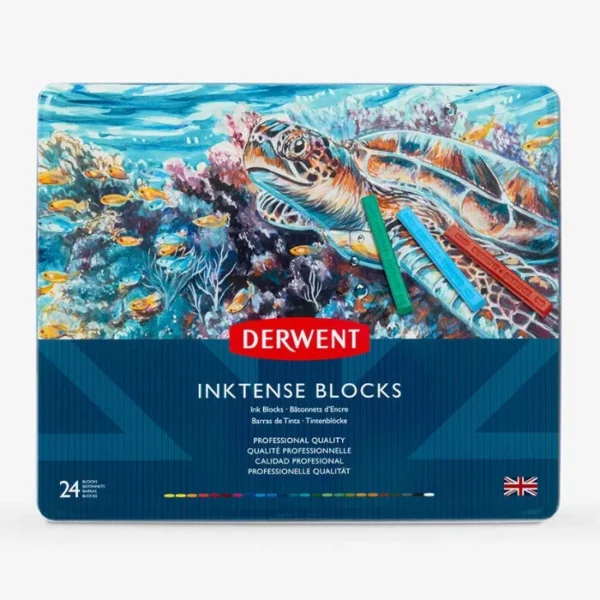 A single Set of 24 Derwent Inktense Blocks is shown standing vertically in the center of the frame. There is a reflection of the tin, below the tin. The tin has a picture of a colourful red turtle on the front, with the Derwent Logo and some text describing the contents of the set. The image is center of the frame and on a white background.