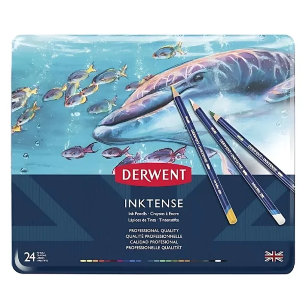 A Set of 36 Derwent Inktense Pencils is shown in the center of the frame. The tin lid has a picture of a dolphin swimming through the water surrounded by fish. The bottom of the tin has a dark blue band with the Derwent logo printed in the middle. There is white text on the lid. The image is center of the frame and on a white background.