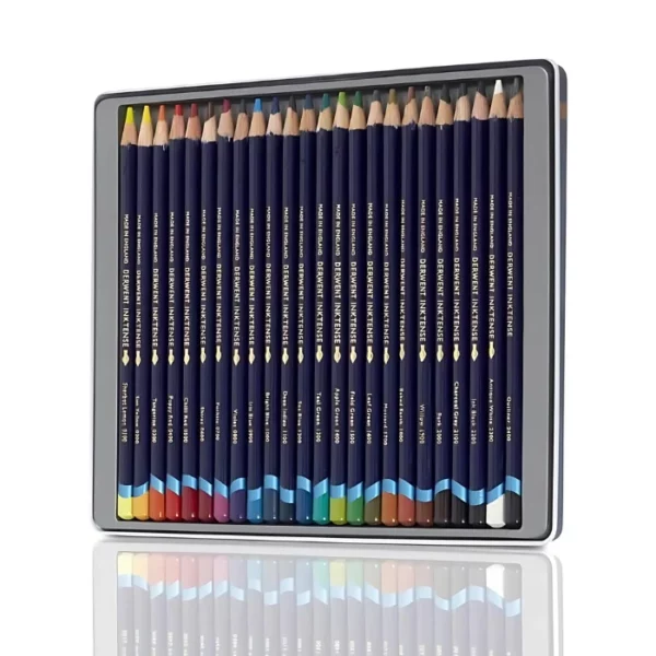 The bottom tray of a Set of 24 Derwent Inktense Pencils is shown vertically in the center of the frame. The pencils are lined up next to each other in the bottom of the tray. The pencils have a dark blue barrel and a dipped colour end that denotes the colour of the lead for easy identification. Each pencil is a different colour. The image is center of the frame and on a white background.