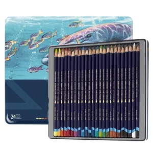 A Set of 36 Derwent Inktense Pencils is shown in the center of the frame. The lid of the set is shown at the back of the frame. There is an image of a dolphin on the tin cover that can partly be seen. On top of the lid, an open tray of pencils can be seen along the right hand side of the frame. The pencils are lined up next to each other. Each pencil has a dark blue barrel and the Inktense name printed on the barrel. The end of each pencil is colour dipped, to denote the colour of the lead. Each pencil is a different colour. On a white background.