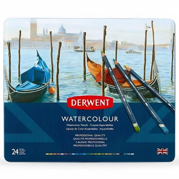 A Set of 24 Derwent Watercolour Pencils is shown, horizontally in the center of the frame. There is a picture of water with some kayaks on the water, on the tin lid. The base of the tin lid is a dark blue colour withe the Derwent logo printed in the center in red. On a white background.