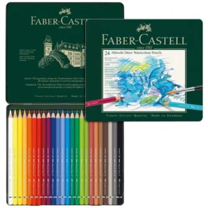 A Set of 24 Faber Castell Albrecht Durer Water Colour Pencils is shown in the frame, along the left hand side of the frame. This set is open and you can see the pencils in the bottom of the tin. The pencils are lined up next to each other and each pencil has a different coloured barrel that denotes the colour of the lead. The Faber Castell logo is printed on the inside of the green tin lid. There is a sealed set shown overlapping the open set. This shows the cover of the tin lid. The tin is green and there is an image of an abstract horse on the cover that was made using the pencils. The Faber Castell logo is printed at the top of the tin. The image is on a white background.