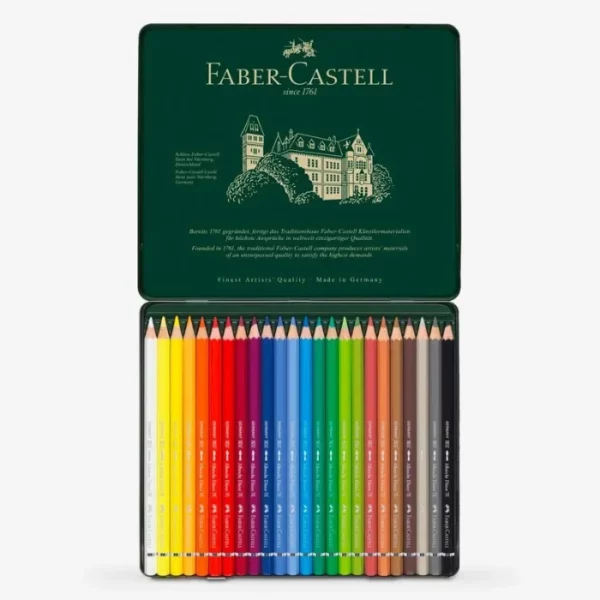 An open Set of 24 Faber Castell Albrecht Durer Water Colour Pencils is seen in the center of the frame. The tin is green and has the Faber Castell logo printed on the inside of the tin lid. The pencils are lined up in the base of the tin. The barrels of the pencils are different colours which denotes the colour of the lead. Each pencil is a different colour. The image is center of the frame and on a white background.