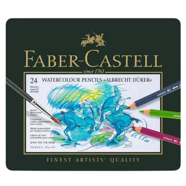 A sealed Set of 24 Faber Castell Albrecht Durer Water Colour Pencils is shown in the center of the frame. The tin is green and there is a block in the center of the lid that has a picture that was drawn using the pencils. The image is of an abstract horse. The Faber Castell logo is printed at the top of the tin. The image is center of the frame and on a white background.