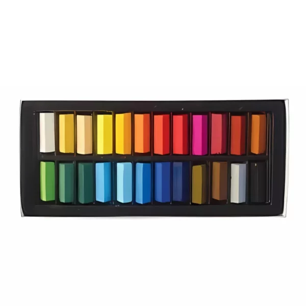 The bottom tray of a Set of 24 Mungyo Soft Pastels is shown in the center of the frame, horizontally. Each pastel is short and rectangular in shape and a different colour. They are laying in a black molded plastic container that fits on the inside of the box. On a white background.