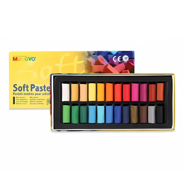 A Set of 24 Mungyo Soft Pastels is shown horizontally, in the center of the frame. The set is open and the lid is behind the bottom tray that holds the pastel sticks. Each pastel is short and rectangular in shape and a different colour. They are laying in a black molded plastic container that fits on the inside of the box. The box lid is yellow and has the brand logo printed on it. On a white background.