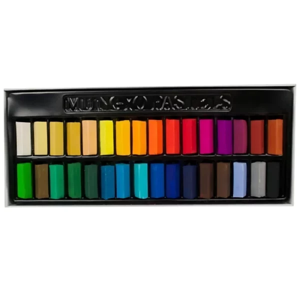 The bottom tray of a Set of 32 Mungyo Soft Pastels is shown in the center of the frame, horizontally. Each pastel is short and rectangular in shape and a different colour. They are laying in a black molded plastic container that fits on the inside of the box. On a white background.