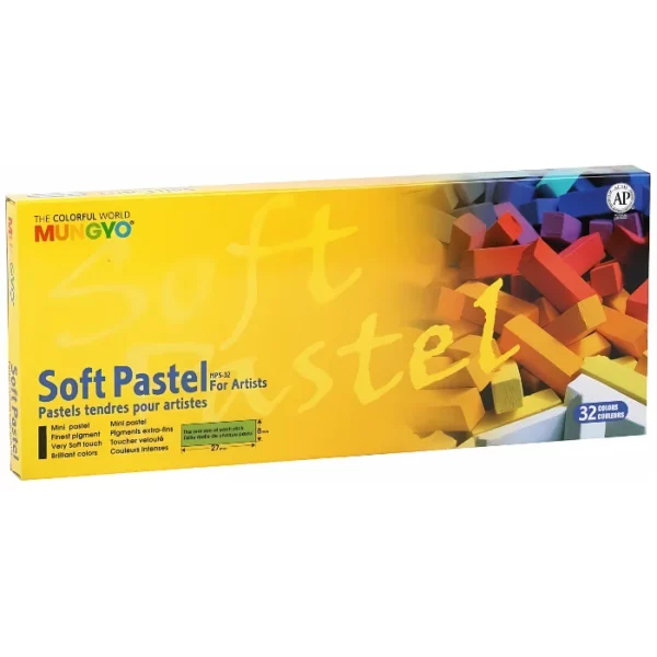 A Set of 32 Mungyo Soft Pastels is shown, horizontally, at a slight angle, across the center of the frame. The box is yellow and has the Mungyo logo printed in the top left hand corner. There is an image of a pile of soft pastels of all different colours, along the right hand side of the box. The image is center of the frame and on white background.