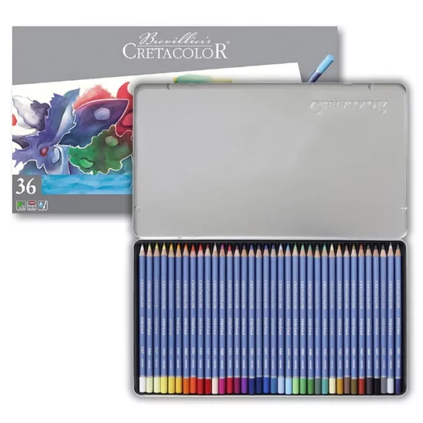 A Set of 36 Cretacolor Marino Aquarelle Pencils is shown in the frame. There is a sealed set standing vertically along the left hand side of the frame, and an open tin shown to the right of that. The sealed set is in a printed cardboard sleeve that has an abstract image that was drawn using the pencils, on the cover. It has the Cretacolor logo printed on it and some text describing the product. The open set is in a silver tin, with a hinged lid that is open. You can see the pencils lined up next to each other in the base of the tin set. Each pencil is a different colour and the colour of the lead is shown in the form of a dipped end of the pencil. The barrels of the pencils are blue and have the Cretacolor logo printed on it. On a white background.