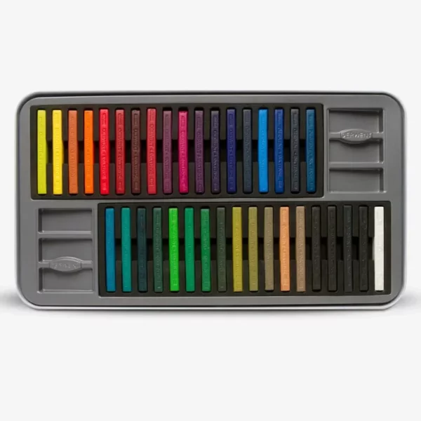 The inside tray of a Set of 36 Derwent Inktense Blocks is shown horizontally in the center of the frame. The block sticks are lined up next to each other. Each stick is a different colour. On a white background.