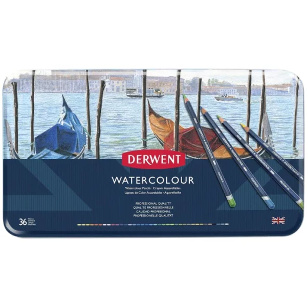 A Set of 36 Derwent Watercolour Pencils is shown, horizontally in the center of the frame. There is a picture of water with some kayaks on the water, on the tin lid. The base of the tin lid is a dark blue colour withe the Derwent logo printed in the center in red. On a white background.