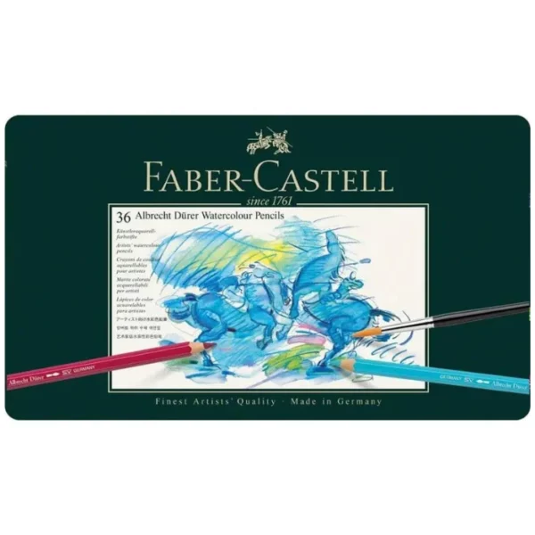 A sealed Set of 36 Faber Castell Albrecht Durer Water Colour Pencils is shown in the center of the frame. The tin is green and there is a block in the center of the lid that has a picture that was drawn using the pencils. The image is of an abstract horse. The Faber Castell logo is printed at the top of the tin. The image is center of the frame and on a white background.