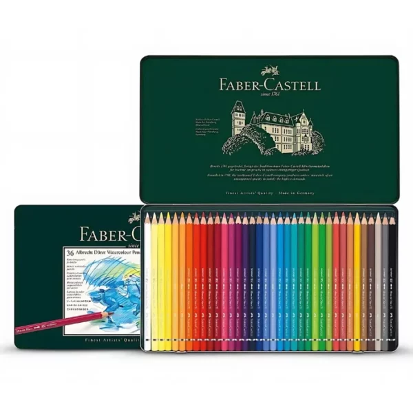 A Set of 36 Faber Castell Albrecht Durer Water Colour Pencils is shown in the center of the frame. There is a sealed set at the back, along the left hand side of the frame and an open set at the front. The tin is green and has the Faber Castell logo printed on the back of the tin lid. You can see the pencils lined up in the bottom of the tin. The barrels of the pencils are different coloured and denote the colour of the lead. Each pencil is a different colour. The image is center of the frame and on a white background.