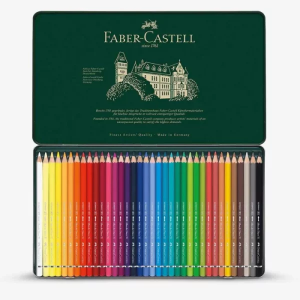 An open Set of 36 Faber Castell Albrecht Durer Water Colour Pencils is seen in the center of the frame. The tin is green and has the Faber Castell logo printed on the inside of the tin lid. The pencils are lined up in the base of the tin. The barrels of the pencils are different colours which denotes the colour of the lead. Each pencil is a different colour. The image is center of the frame and on a white background.