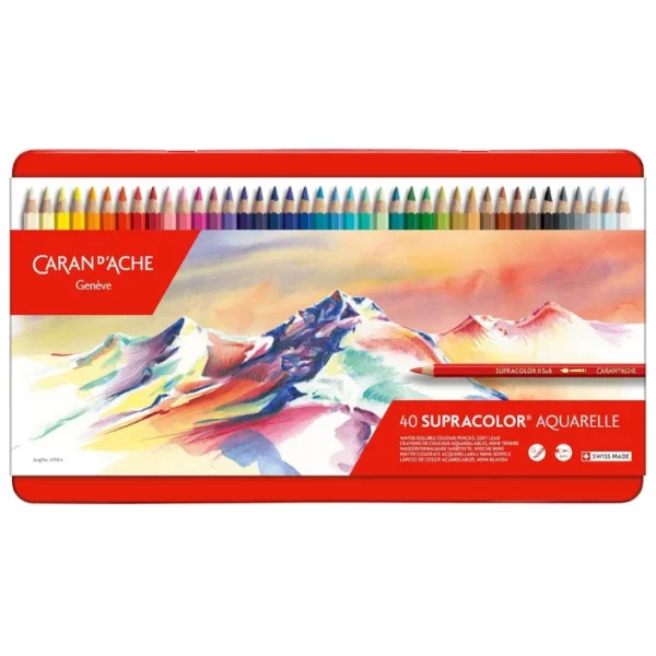 A Set of 40 Caran D'Ache Supracolor Pencils is shown in the center of the frame horizontally. The tin is red with a picture of a coloured mountain top. There is an image of the pencil tips at the top of the tin, showing the different coloured pencils in the set. On a white background.