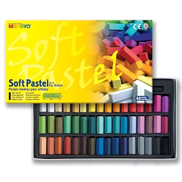 A Set of 48 Mungyo Soft Pastels is shown horizontally, in the center of the frame. The set is open and the lid is in front of the bottom tray that holds the pastel sticks. Each pastel is short and rectangular in shape and a different colour. They are laying in a black molded plastic container that fits on the inside of the box. The box lid is yellow and has the brand logo printed on it. On a white background.