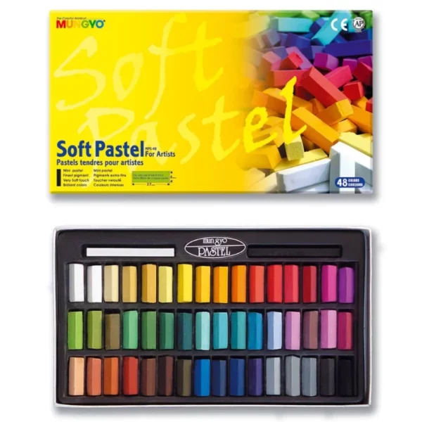 A Set of 48 Mungyo Soft Pastels is shown horizontally, in the center of the frame. The set is open and the lid is behind the bottom tray that holds the pastel sticks. Each pastel is short and rectangular in shape and a different colour. They are laying in a black molded plastic container that fits on the inside of the box. The box lid is yellow and has the brand logo printed on it. On a white background.