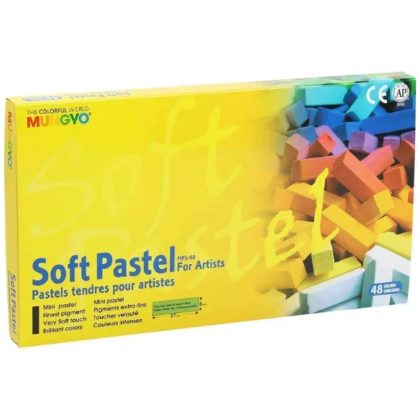 A Set of 48 Mungyo Soft Pastels is shown, horizontally, at a slight angle, across the center of the frame. The box is yellow and has the Mungyo logo printed in the top left hand corner. There is an image of a pile of soft pastels of all different colours, along the right hand side of the box. The image is center of the frame and on white background.