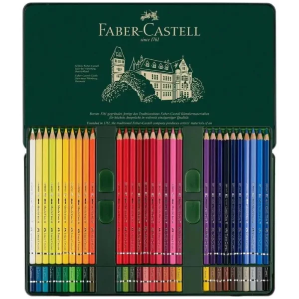 An open Set of 60 Faber Castell Albrecht Durer Water Colour Pencils is seen in the center of the frame. The tin is green and has the Faber Castell logo printed on the inside of the tin lid. The pencils are lined up in the base of the tin. The barrels of the pencils are different colours which denotes the colour of the lead. Each pencil is a different colour. The image is center of the frame and on a white background.