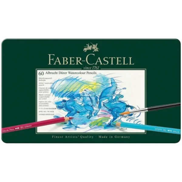 A sealed Set of 60 Faber Castell Albrecht Durer Water Colour Pencils is shown in the center of the frame. The tin is green and there is a block in the center of the lid that has a picture that was drawn using the pencils. The image is of an abstract horse. The Faber Castell logo is printed at the top of the tin. The image is center of the frame and on a white background.