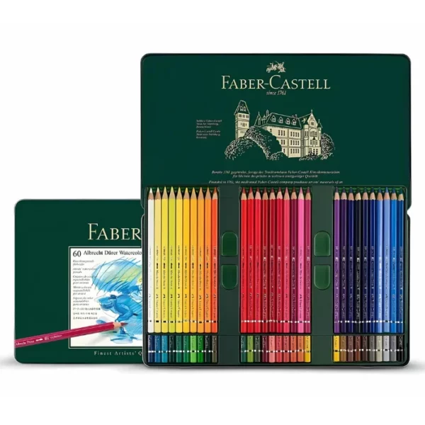 A Set of 60 Faber Castell Albrecht Durer Water Colour Pencils is shown in the center of the frame. There is a sealed set at the back, along the left hand side of the frame and an open set at the front. The tin is green and has the Faber Castell logo printed on the back of the tin lid. You can see the pencils lined up in the bottom of the tin. The barrels of the pencils are different coloured and denote the colour of the lead. Each pencil is a different colour. The image is center of the frame and on a white background.