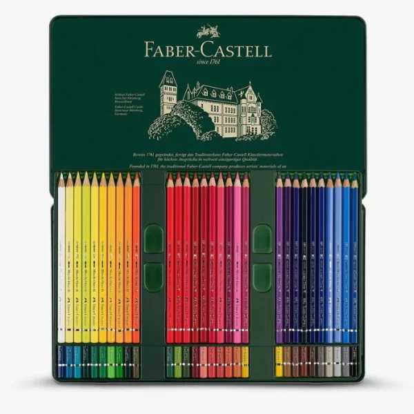 An open Set of 60 Faber Castell Albrecht Durer Water Colour Pencils is seen in the center of the frame. The tin is green and has the Faber Castell logo printed on the inside of the tin lid. The pencils are lined up in the base of the tin. The barrels of the pencils are different colours which denotes the colour of the lead. Each pencil is a different colour. The image is center of the frame and on a white background.