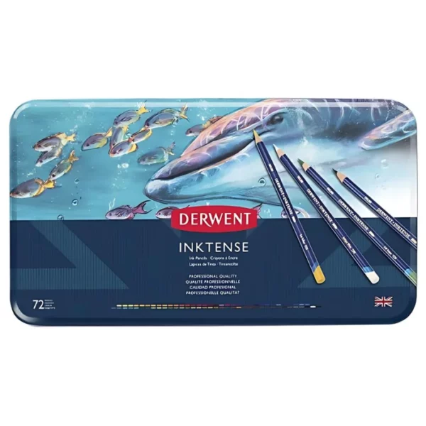 A Set of 72 Derwent Inktense Pencils is shown in the center of the frame. The tin lid has a picture of a dolphin swimming through the water surrounded by fish. The bottom of the tin has a dark blue band with the Derwent logo printed in the middle. There is white text on the lid. The image is center of the frame and on a white background.