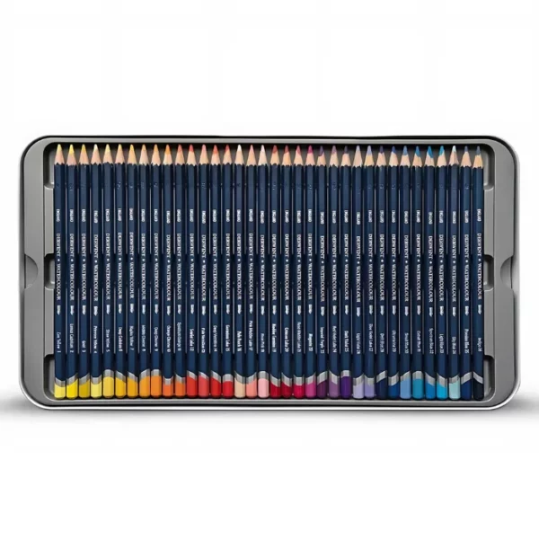 The bottom tray of a Set of 72 Derwent Watercolour Pencils is shown vertically in the center of the frame. The pencils are lined up next to each other in the bottom of the tray. The pencils have a dark blue barrel and a dipped colour end that denotes the colour of the lead for easy identification. Each pencil is a different colour. The image is center of the frame and on a white background.