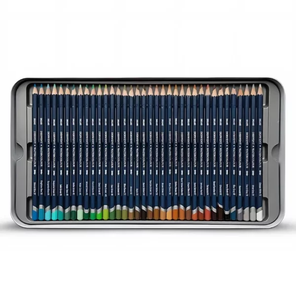 The bottom tray of a Set of 72 Derwent Watercolour Pencils is shown vertically in the center of the frame. The pencils are lined up next to each other in the bottom of the tray. The pencils have a dark blue barrel and a dipped colour end that denotes the colour of the lead for easy identification. Each pencil is a different colour. The image is center of the frame and on a white background.