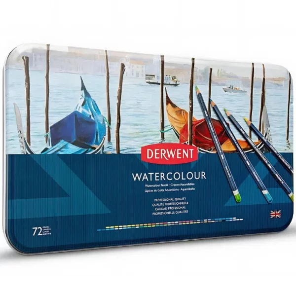 A Set of 72 Derwent Watercolour Pencils is shown, horizontally in the center of the frame. There is a picture of water with some kayaks on the water, on the tin lid. The base of the tin lid is a dark blue colour withe the Derwent logo printed in the center in red. On a white background.