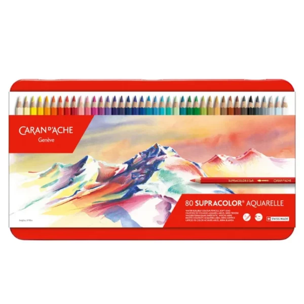 A Set of 80 Caran D'Ache Supracolor Pencils is shown in the center of the frame horizontally. The tin is red with a picture of a coloured mountain top. There is an image of the pencil tips at the top of the tin, showing the different coloured pencils in the set. On a white background.