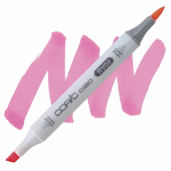 in the center of the image is a single copic marker that is sitting diagonally across the image. from left to right. it has a grey body and both caps are off showing the two different nibs, one brush at the top and the chisel tip at the bottom. it is sitting infront of a squiggle of the same colour as the marker on a white background