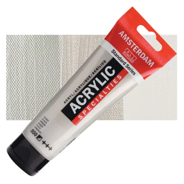 A single tube of Silver Amsterdam Acrylic Paint 120ml is shown diagonally across the center of the frame. The tube is made of a clear plastic and has a red band at the end of the tube with a hole so it can hang. The tube has a black, plastic flip top cap, that the bottle stands on. There is black text on the body of the tube describing the product colour and details. The colour of the paint can be seen through the tube. There is a rectangular colour swatch of the paint, behind the tube. The swatch shows the colour in different gradient's. The image is center of the frame and on a white background.