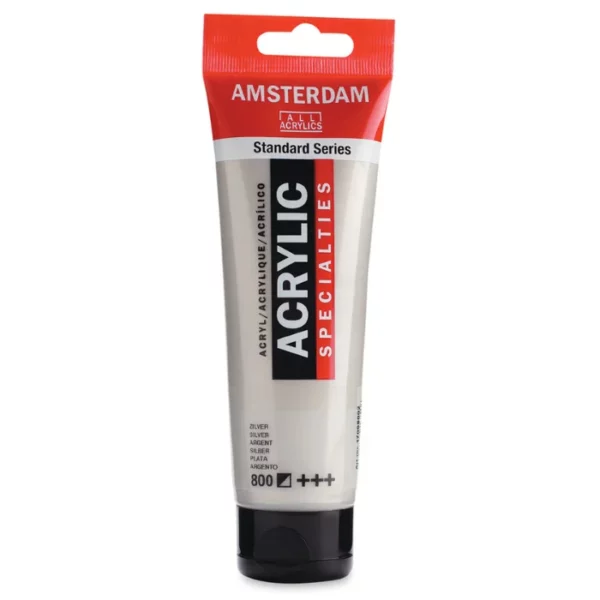 A single tube of Silver Amsterdam Acrylic Paint 120ml is standing vertically in the center of the frame. The tube is made of a clear plastic and has a red band at the end of the tube with a hole so it can hang. The tube has a black, plastic flip top cap, that the bottle stands on. There is black text on the body of the tube describing the product colour and details. The colour of the paint can be seen through the tube. On a white background.