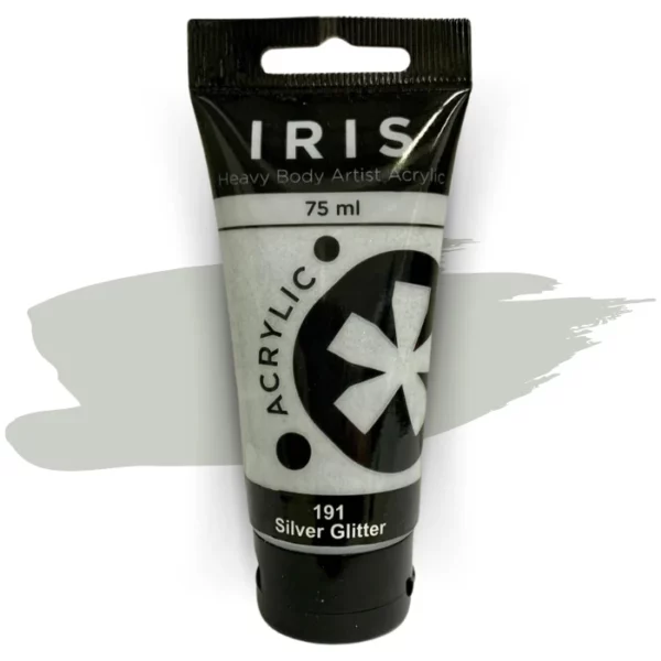 A single tube of Silver Glitter Prime Art Iris Acrylic Paint 75ml is shown in the frame. The tube is a clear plastic with a black printed band at the top of each tube that has the Prime Art Iris Logo printed on it. The tube has a black flip cap that the tube stands on. You can see the colour of the paint through the tube. On a white background.