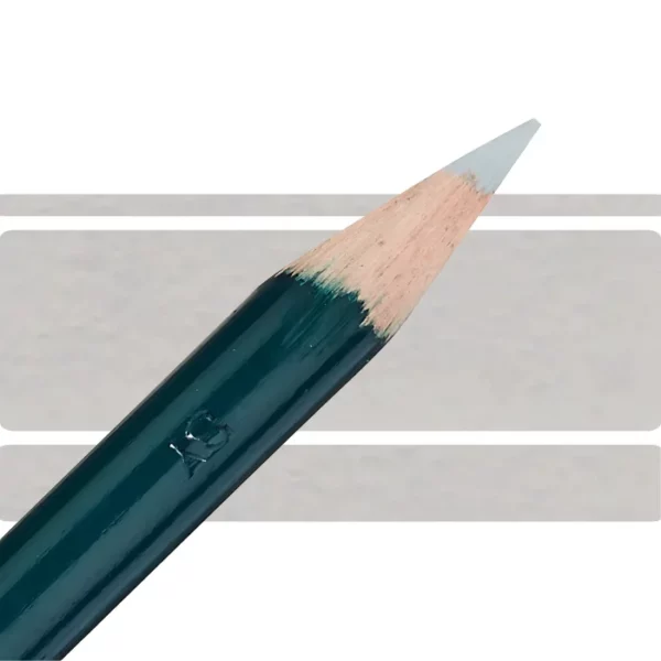 a derwent artists coloured pencil is seen in a close up ciming in from the left habd corner of the image. the tip is facing the right hand side top of the image. in a horizontal line. it has a green hamdle and a wooden end with the coloured tip. there are three horizontal stripes behind it that are the same colour as the nib of the pencil. on a white background