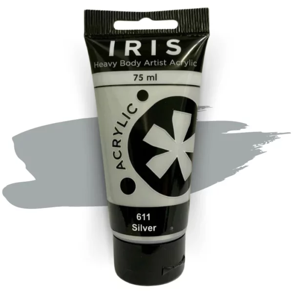 A single tube of Silver Prime Art Iris Acrylic Paint 75ml is shown in the frame. The tube is a clear plastic with a black printed band at the top of each tube that has the Prime Art Iris Logo printed on it. The tube has a black flip cap that the tube stands on. You can see the colour of the paint through the tube. On a white background.