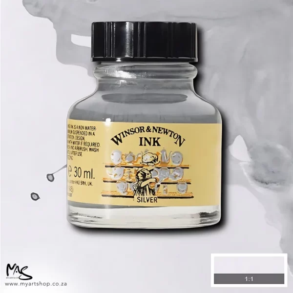 A single bottle of Silver Winsor & Newton Drawing Ink can be seen in the center of the frame, with ink in the background, in the top right hand corner of the frame, flowing into the frame. The ink is the colour of the ink inside the bottle. The bottle is a clear glass bottle and so you can see the colour of the ink inside. There is a black, plastic screw on lid and a label stuck to the front of the bottle with the brand name and logo on it. There is a small rectangular colour block with a sample of the ink colour in a 1:1 ratio, in the bottom right hand corner of the frame.