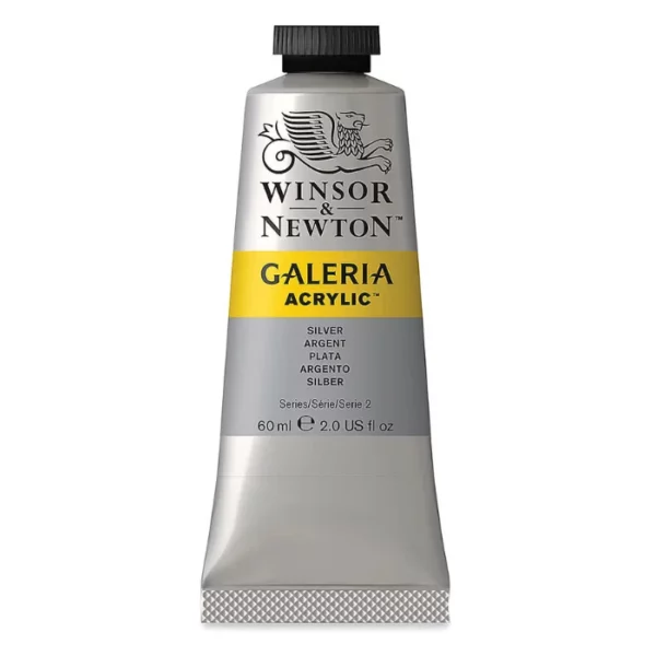 A single tube of Silver Winsor and Newton Galeria Acrylic Paint 60ml is shown in the center of the frame, standing vertically. The tube is a silver colour and has a black, screw on, plastic lid. The Winsor and Newton logo is printed at the top of the tube and there is a yellow band across the tube, under the logo, with the words, 'Galeria Acrylic'. There is a band of colour below that which denotes the colour of the paint in the tube. There is text on this colour band, describing the colour and paint properties. The image is center of the frame and on a white background