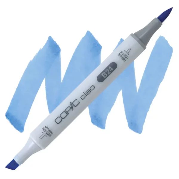 in the center of the image is a single copic marker that is sitting diagonally across the image. from left to right. it has a grey body and both caps are off showing the two different nibs, one brush at the top and the chisel tip at the bottom. it is sitting infront of a squiggle of the same colour as the marker on a white background