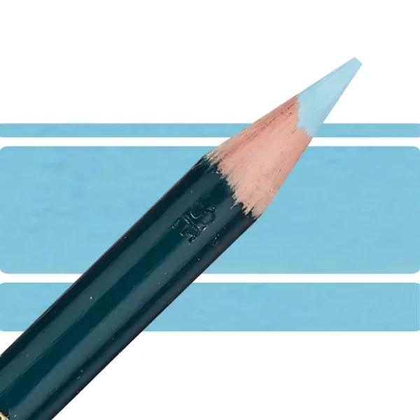 a derwent artists coloured pencil is seen in a close up ciming in from the left habd corner of the image. the tip is facing the right hand side top of the image. in a horizontal line. it has a green hamdle and a wooden end with the coloured tip. there are three horizontal stripes behind it that are the same colour as the nib of the pencil. on a white background