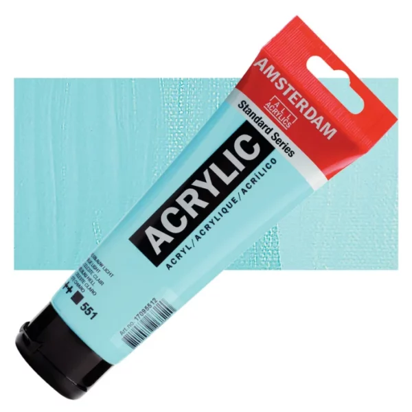 A single tube of Sky Blue Light Amsterdam Acrylic Paint 120ml is shown diagonally across the center of the frame. The tube is made of a clear plastic and has a red band at the end of the tube with a hole so it can hang. The tube has a black, plastic flip top cap, that the bottle stands on. There is black text on the body of the tube describing the product colour and details. The colour of the paint can be seen through the tube. There is a rectangular colour swatch of the paint, behind the tube. The swatch shows the colour in different gradient's. The image is center of the frame and on a white background.