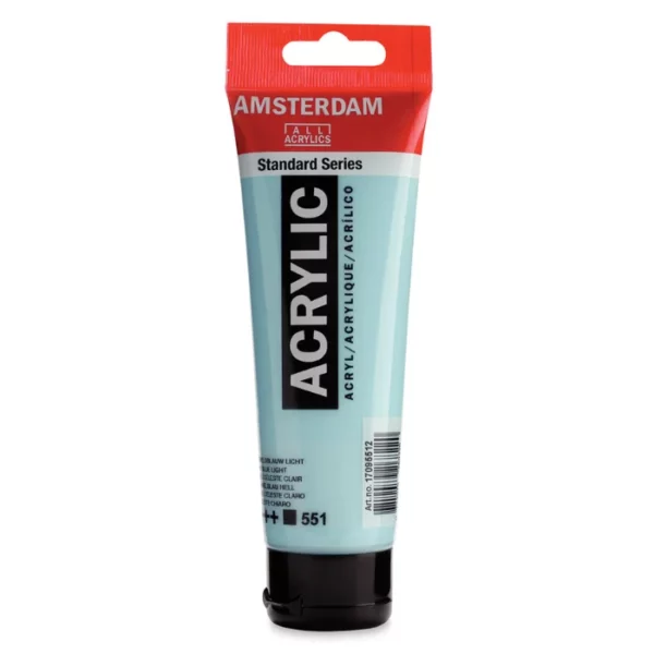 A single tube of Sky Blue Light Amsterdam Acrylic Paint 120ml is standing vertically in the center of the frame. The tube is made of a clear plastic and has a red band at the end of the tube with a hole so it can hang. The tube has a black, plastic flip top cap, that the bottle stands on. There is black text on the body of the tube describing the product colour and details. The colour of the paint can be seen through the tube. On a white background.