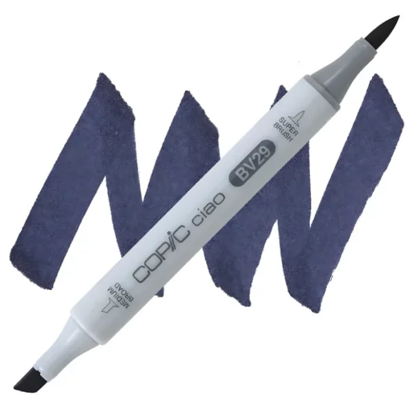 in the center of the image is a single copic marker that is sitting diagonally across the image. from left to right. it has a grey body and both caps are off showing the two different nibs, one brush at the top and the chisel tip at the bottom. it is sitting infront of a squiggle of the same colour as the marker on a white background