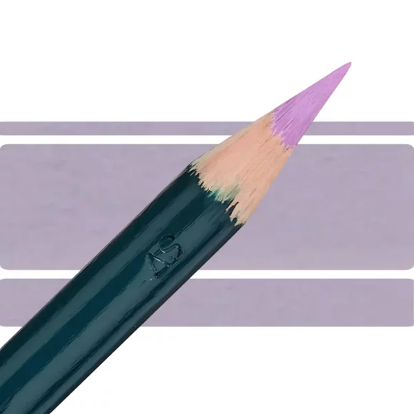 a derwent artists coloured pencil is seen in a close up ciming in from the left habd corner of the image. the tip is facing the right hand side top of the image. in a horizontal line. it has a green hamdle and a wooden end with the coloured tip. there are three horizontal stripes behind it that are the same colour as the nib of the pencil. on a white background