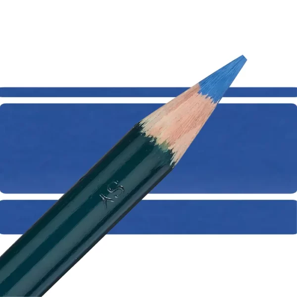 a derwent artists coloured pencil is seen in a close up ciming in from the left habd corner of the image. the tip is facing the right hand side top of the image. in a horizontal line. it has a green hamdle and a wooden end with the coloured tip. there are three horizontal stripes behind it that are the same colour as the nib of the pencil. on a white background