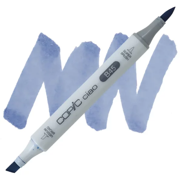 in the center of the image is a single copic marker that is sitting diagonally across the image. from left to right. it has a grey body and both caps are off showing the two different nibs, one brush at the top and the chisel tip at the bottom. it is sitting infront of a squiggle of the same colour as the marker on a white background